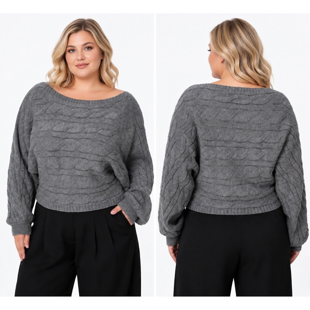 Cider Grey Cable Knit Cropped Boat Neck Balloon Sleeve Sweater 2XL NWT